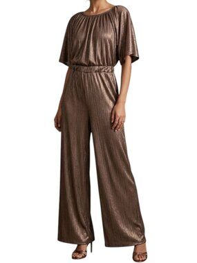 Diosa Metallic Bronze Plissé Jumpsuit Wide Leg Flutter Sleeve Disco Party Boho M